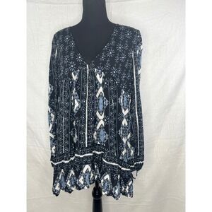 Free People Women's Medium Tunic‎ Top Black Blue White Long Sleeve Boho
